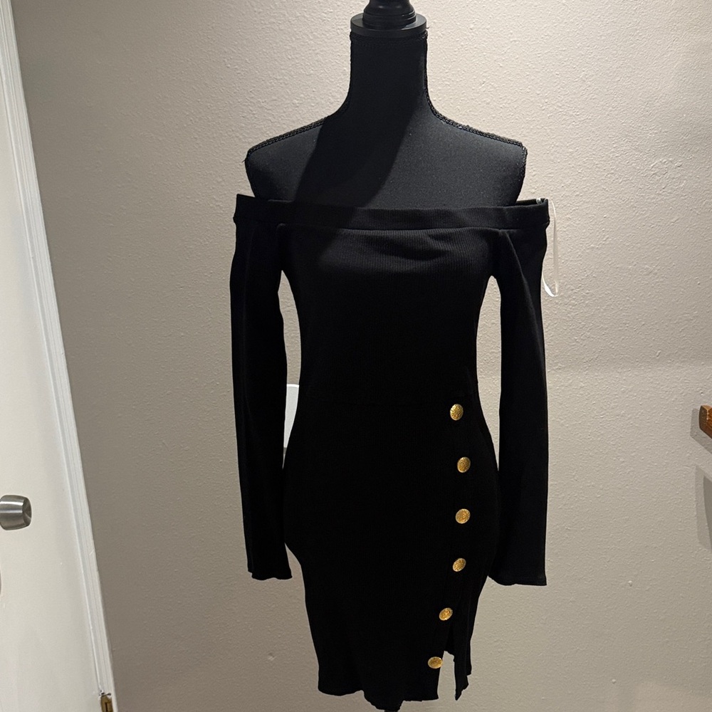 Elegant Black Off-Shoulder Dress with Gold Accents
